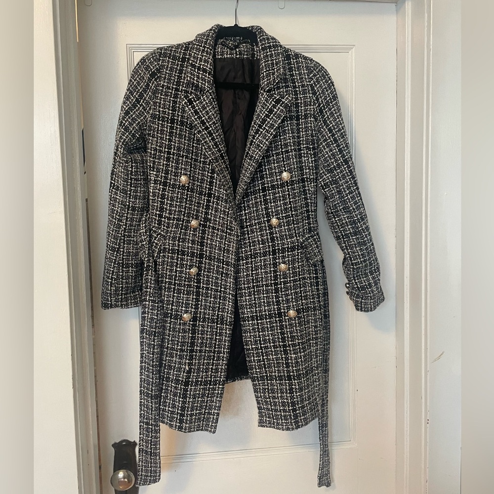 Black and white plaid tweed coat for women